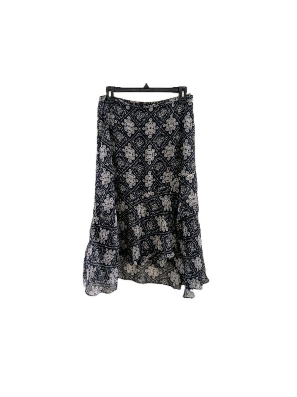 Josephine Chaus 100% Silk Skirt Size 8 Black White Paisley Ruffle Hem Midi Boho